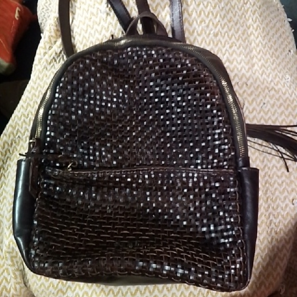 Patricia Nash Black Woven Leather Mini Backpack
